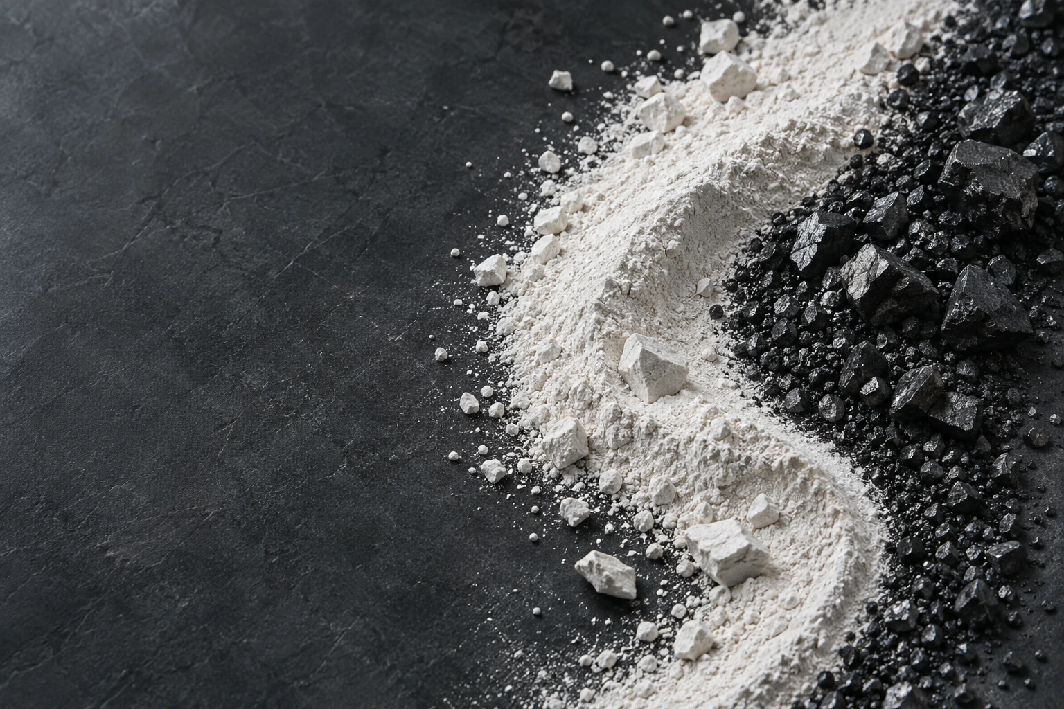 Conceptual macro study of white mineral powder and dark carbon particles